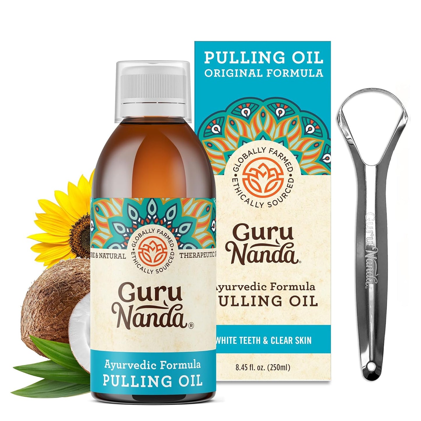 Gurunanda Cocomint™  Pulling Oil with 7 Essential Oils, Vitamins, and a Added Tongue Scraper